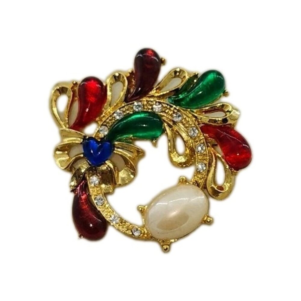Vintage Unbranded Multicolor Jelly Belly & Rhinestone Wreath Brooch Gold Tone